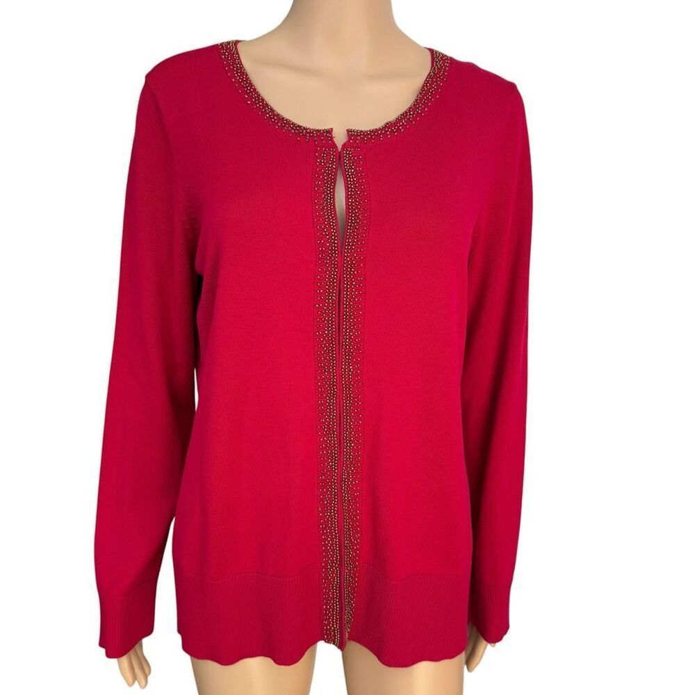 Coldwater Creek silk blend red cardigan beaded edge trim hook/loop closure sz L